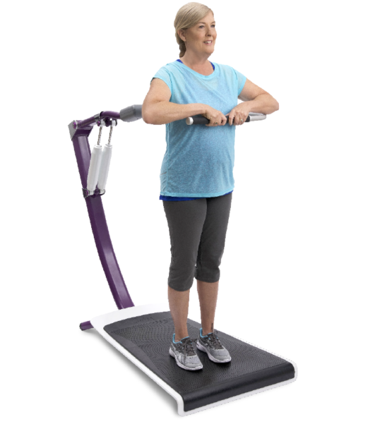 Woman in Blue Shirt on the Dip Shrug Machine