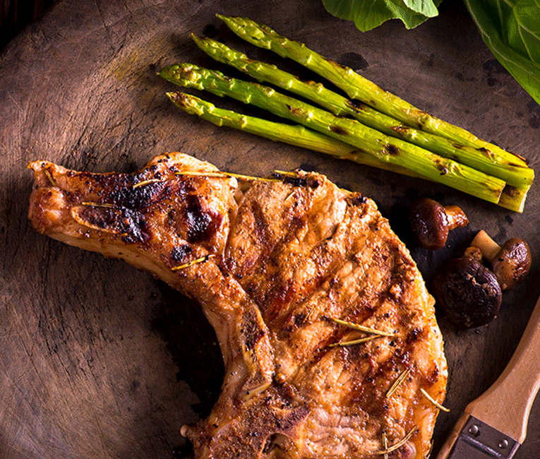 Pan Seared Pork Chop w/ Wild Rice & Asparagus Recipe | Curves