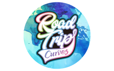 Road Trip Curves logo in colorful script lettering, set inside a circular blue watercolor world map design.
