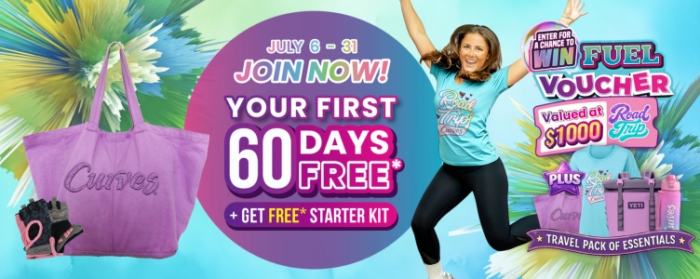 Curves Road Trip email/blog banner: a purple Curves tote bag on the left, with the offer to join now July 6–31 for your first 60 days free plus a free starter kit. On the right, a woman in a teal Road Trip Curves t-shirt celebrates beside the chance to win a $1000 fuel voucher plus a travel pack of essentials (t-shirt, cooler, water bottle).