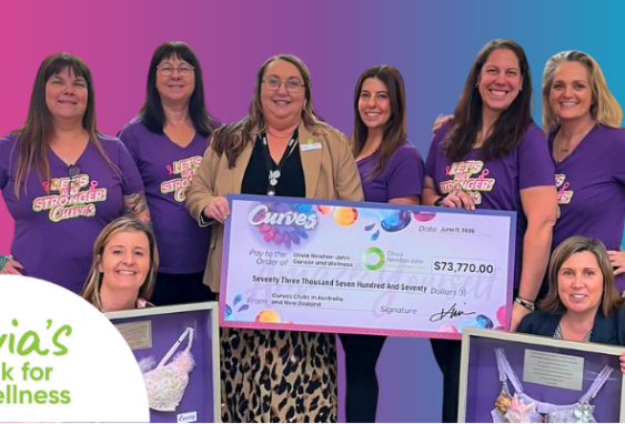 A promotional banner for Olivia's Walk for Wellness featuring the Curves team. On the left, a large white circular logo reads 
