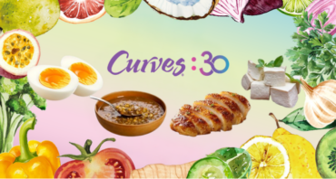 Curves:30 website header banner featuring the brand logo surrounded by healthy whole foods including hard-boiled eggs, lentils, grilled chicken breast, and cubed tofu.