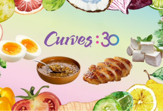 Curves:30 website header banner featuring the brand logo surrounded by healthy whole foods including hard-boiled eggs, lentils, grilled chicken breast, and cubed tofu.