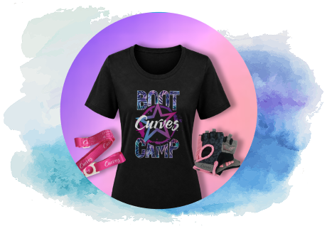 Curves merchandise and workout accessories arranged in a circular layout on a pink-and-purple gradient circle, framed by a soft blue watercolor border. In the center is a black women's t-shirt printed with 
