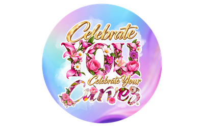 A circular graphic with a pastel blue and pink cloud-like background. The stylized gold and pink text reads 