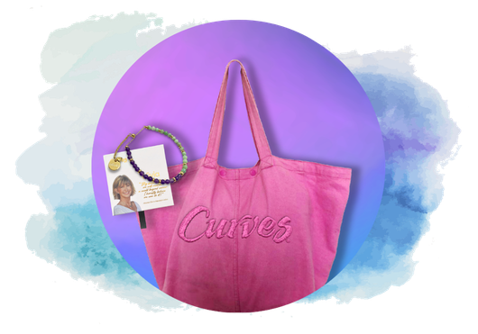 A circular graphic against a blue and purple gradient background showcasing the Curves and Olivia Newton-John starter kit items. Features a large pink canvas tote bag embroidered with the 