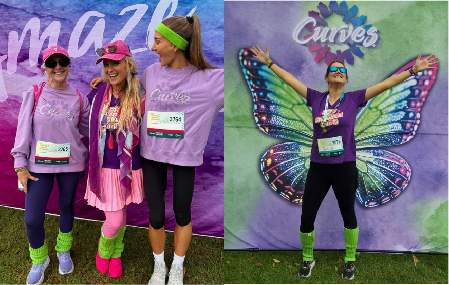 • side-by-side composite photo shows three women posing in purple Curves gear on the left, and a woman smiling with her arms outstretched in front of a colorful butterfly wing backdrop on the right.