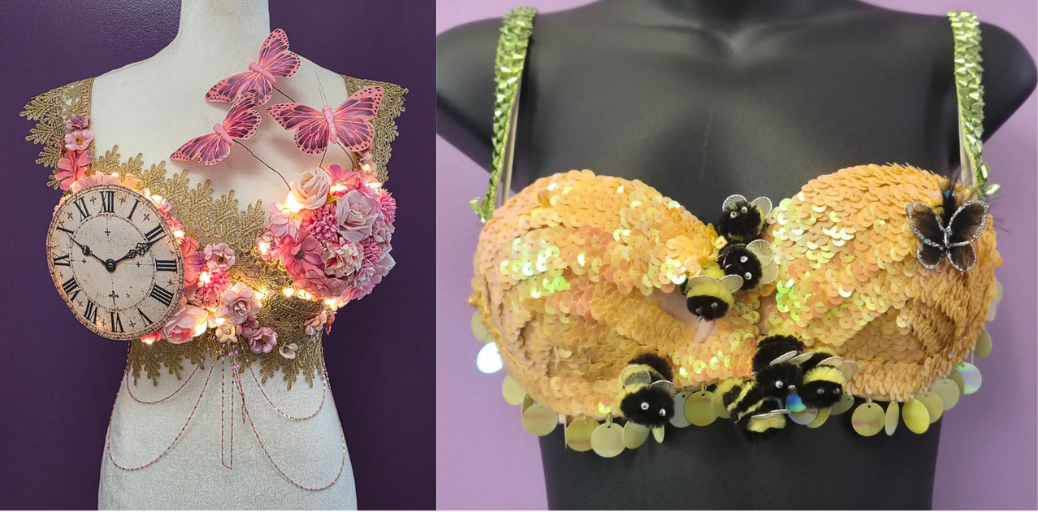• A side-by-side composite photo showcases two highly creative entry designs from the bra decorating contest, featuring an intricate floral clock theme on the left and a vibrant yellow sequined bumblebee theme on the right.