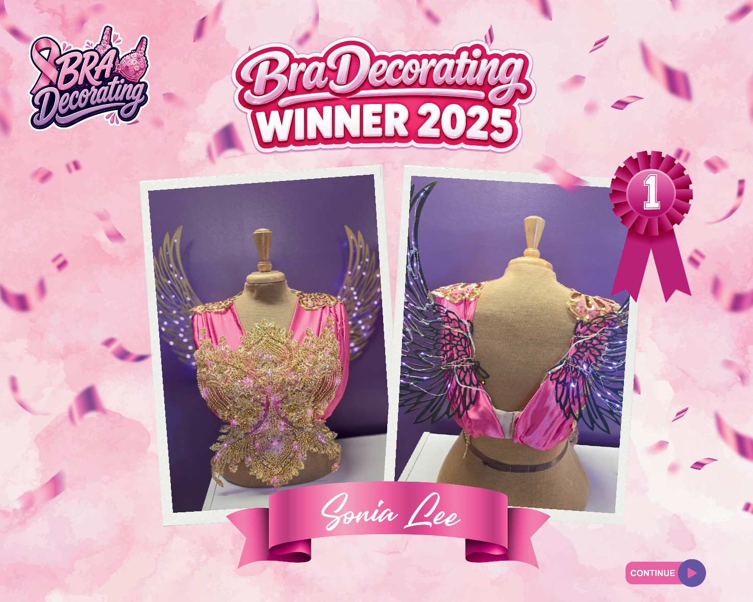 The "Goddess of Strength" entry from the Curves Bra Decorating Competition for breast cancer awareness, displaying a pink satin bra with a gold beaded overlay and large purple angel wings.