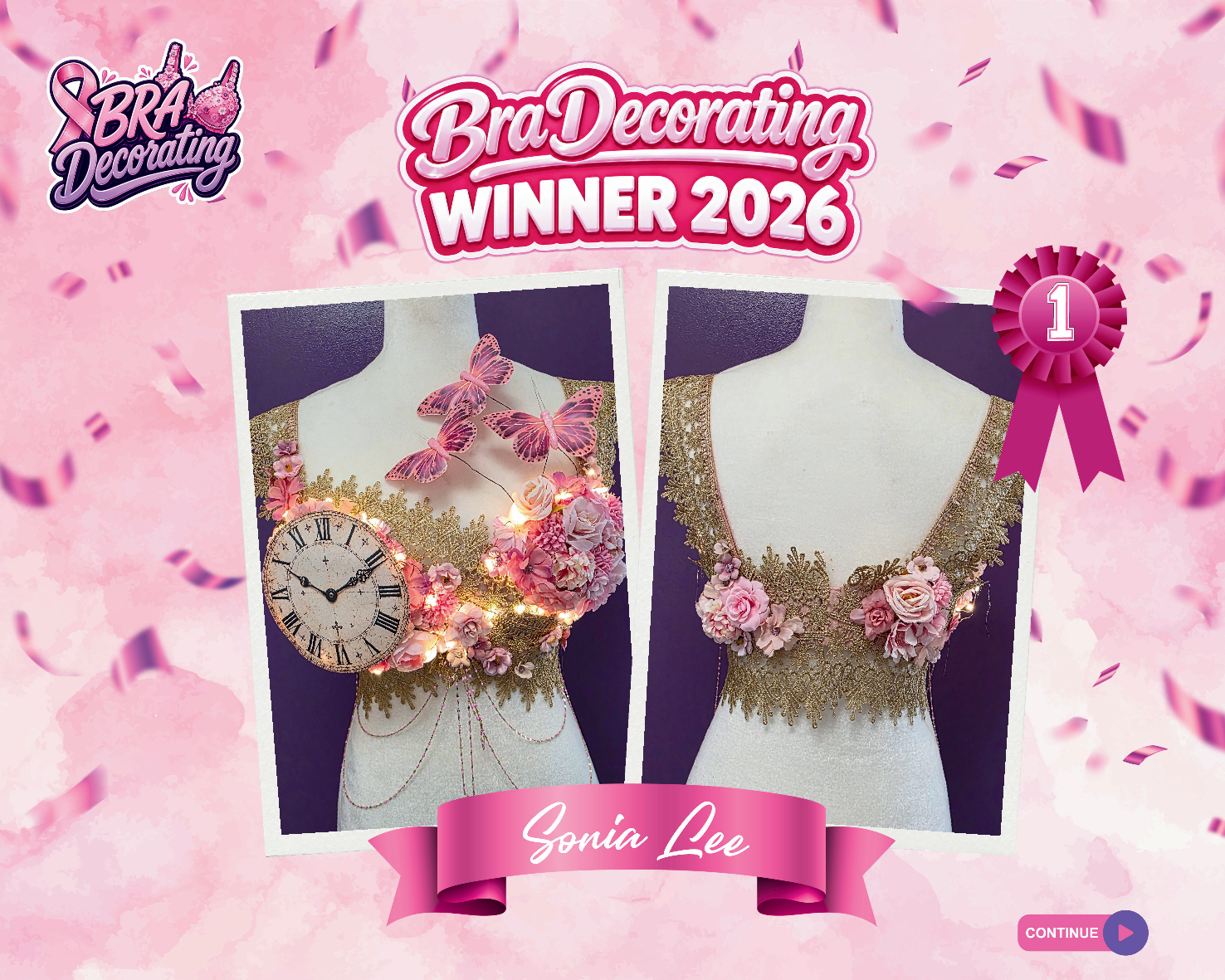 The "Time Heals" design from the Curves Bra Decorating Competition for breast cancer awareness, showcasing a gold lace bra wrapped in pink flowers, butterflies, and a vintage clock face lit with fairy lights.